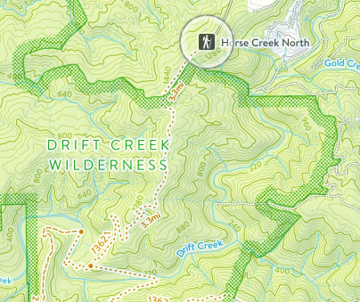 Cropped topo map of Drift Creek Wilderness